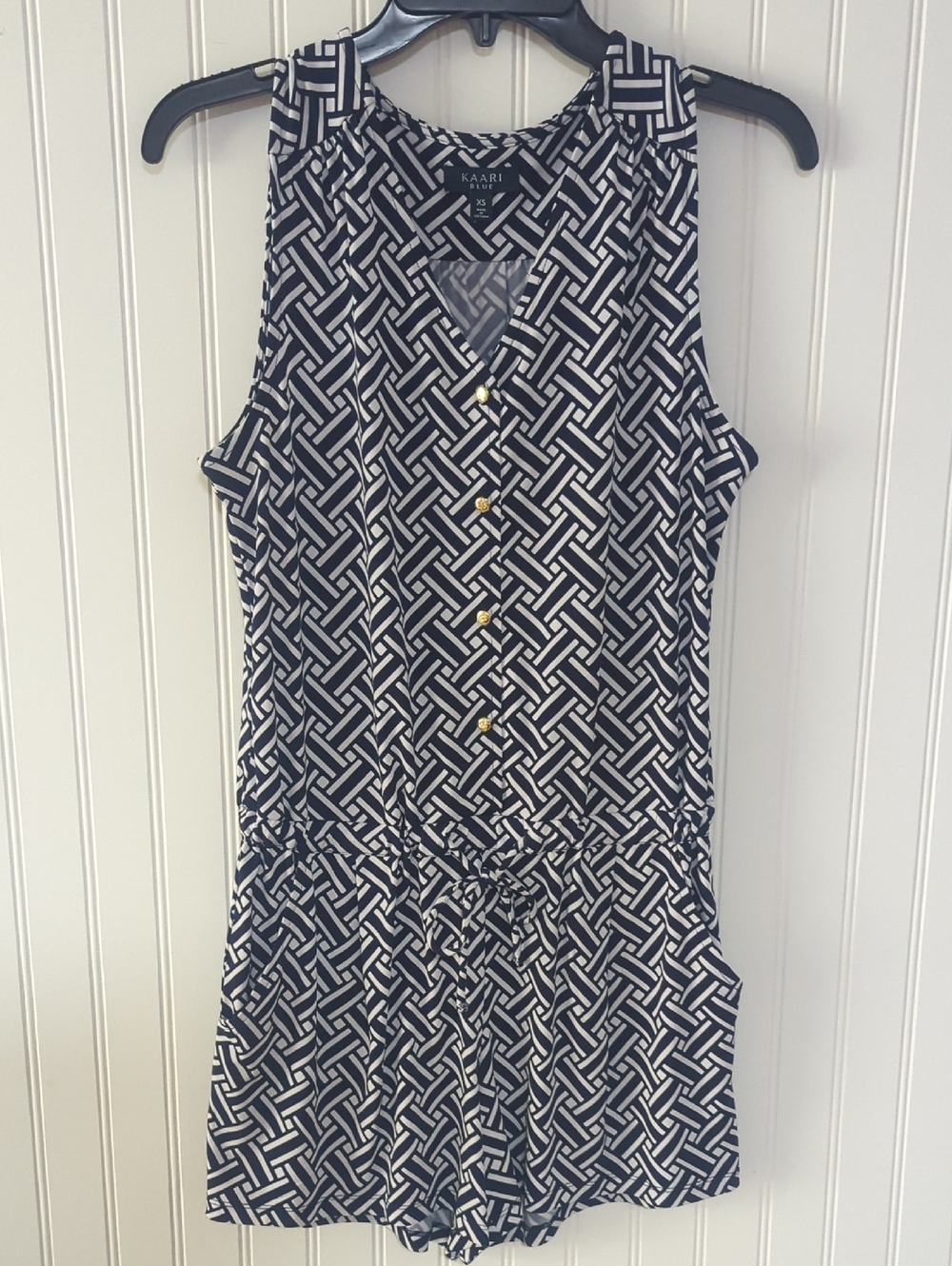 Kaari Blue Navy and White Geometric V-Neck Romper